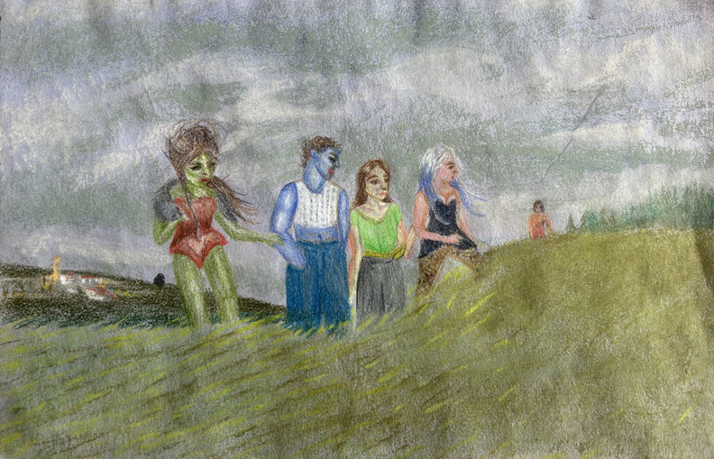 BRAT (2026). Lápices, pasteles y acrílico sobre papel sumi-e. 16 x 25 cm.