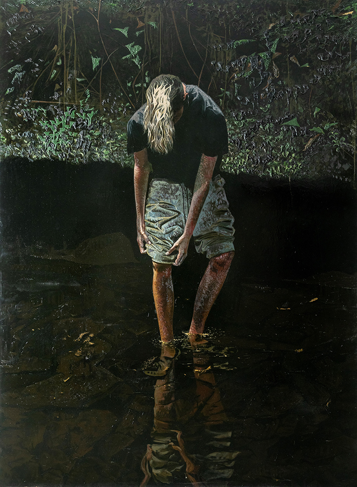 KAI SUMERGIDO CON LAS CROCS DE PINTAR. Óleo sobre tabla greenpanel. 285 x 210 cm.
