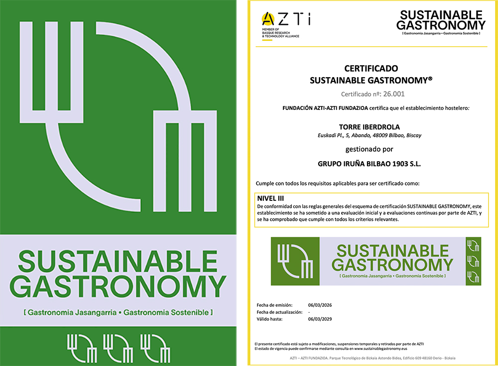 Restaurante del Grupo Iruña, ubicado en la Torre Iberdrola, primer establecimiento en obtener el certificado “Sustainable Gastronomy” en Euskadi
